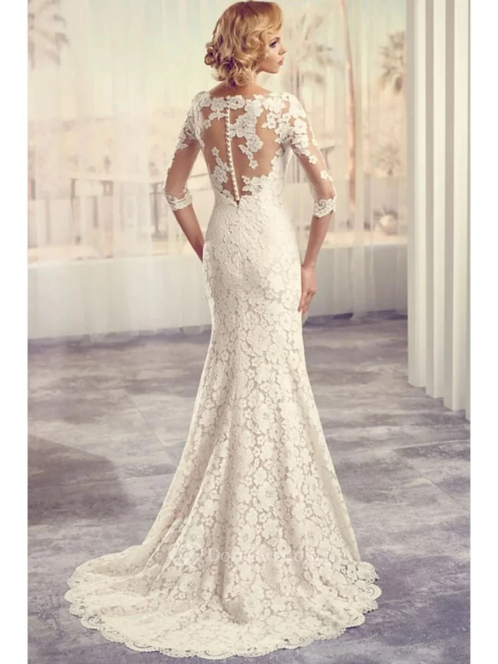 Elegant Wedding Dresses V-Neck Lace Applique Illusion Bridal Gowns Siren Trumpet